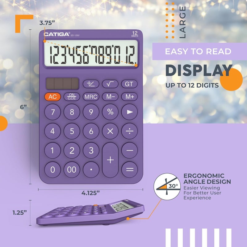 CATIGA 12 Digit Desktop Calculator Basic Desk Calculator with Large LCD Display, Big Buttons, 4 Function, Solar and Battery Dual Power, for Office, School, Home, SD-1292 Purple - Image 4
